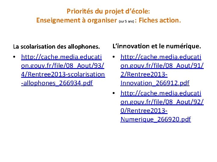 Priorités du projet d’école: Enseignement à organiser (sur 5 ans) : Fiches action. La