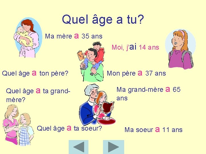 Quel âge a tu? Ma mère a 35 ans Moi, j’ai 14 ans Quel