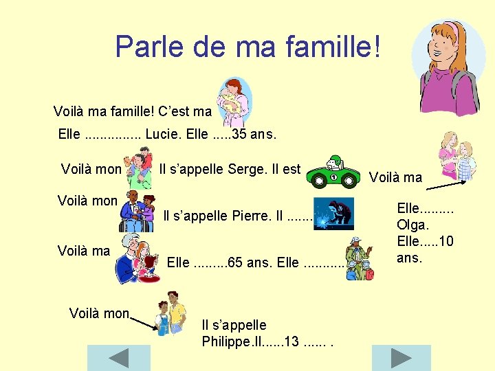 Parle de ma famille! Voilà ma famille! C’est ma Elle. . . . Lucie.