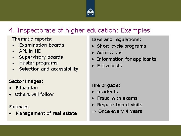 4. Inspectorate of higher education: Examples Thematic reports: • Examination boards • APL in 4. Inspectorate of higher education: Examples Thematic reports: • Examination boards • APL in