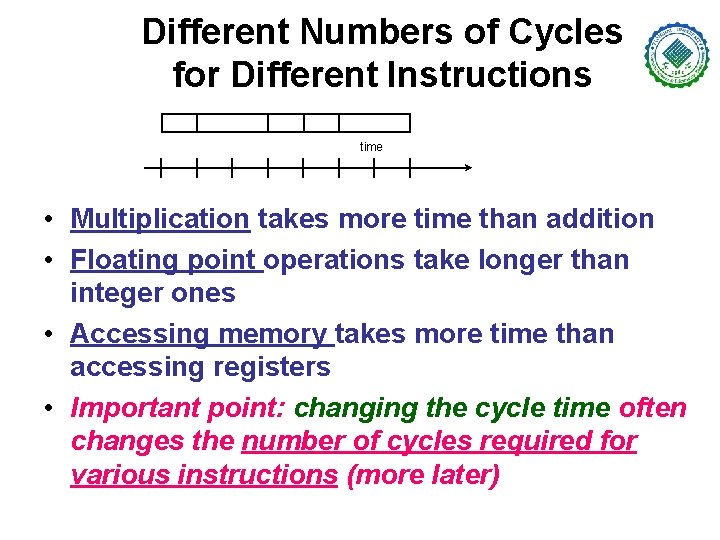 Different Numbers of Cycles for Different Instructions time • Multiplication takes more time than