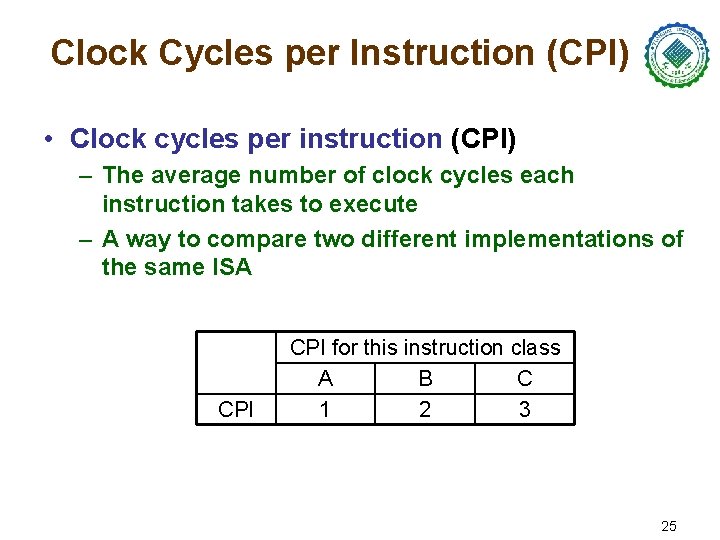Clock Cycles per Instruction (CPI) • Clock cycles per instruction (CPI) – The average