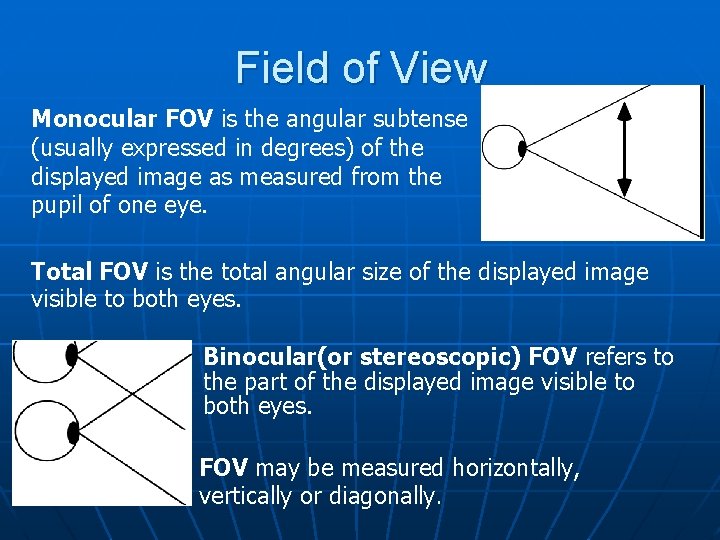 Field of View Monocular FOV is the angular subtense (usually expressed in degrees) of