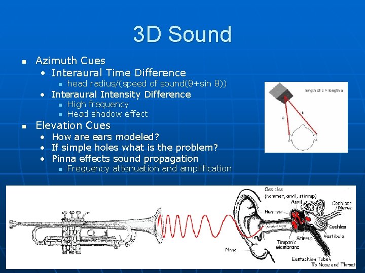 3 D Sound n Azimuth Cues • Interaural Time Difference n head radius/(speed of