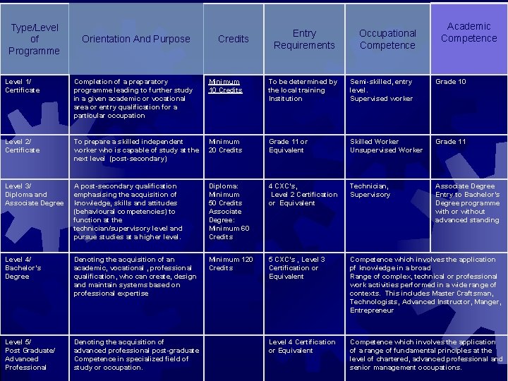 Type/Level of Programme Orientation And Purpose Credits Entry Requirements Occupational Competence Academic Competence Level