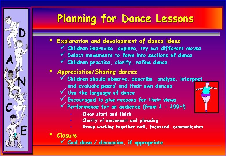 Planning for Dance Lessons • Exploration and development of dance ideas • Appreciation/Sharing dances Planning for Dance Lessons • Exploration and development of dance ideas • Appreciation/Sharing dances