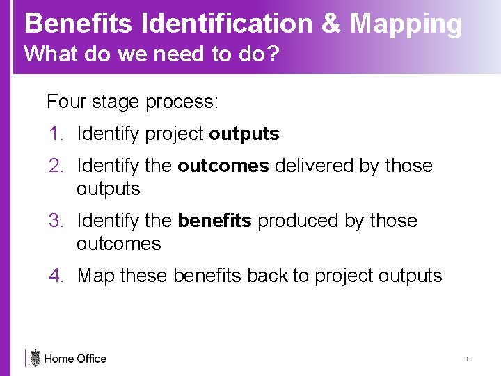 Benefits Identification & Mapping What do we need to do? Four stage process: 1.
