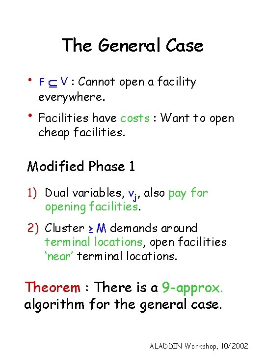 The General Case • F Í V : Cannot open a facility everywhere. •