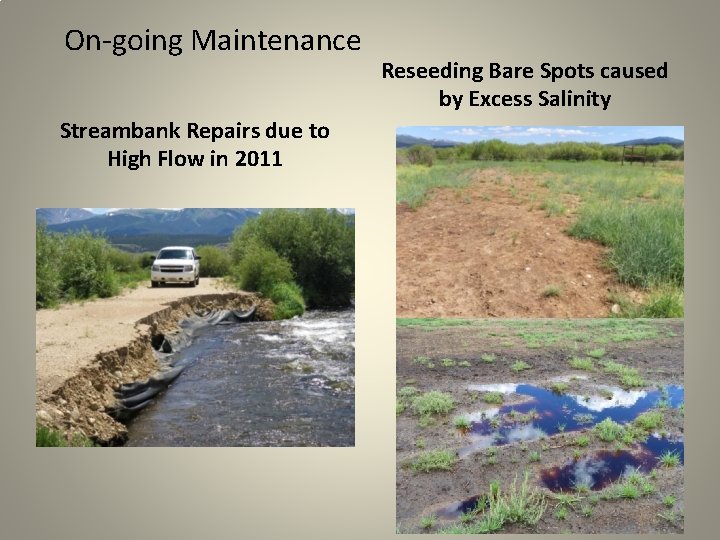 On-going Maintenance Streambank Repairs due to High Flow in 2011 Reseeding Bare Spots caused