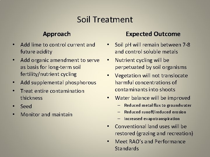 Soil Treatment Approach • Add lime to control current and future acidity • Add