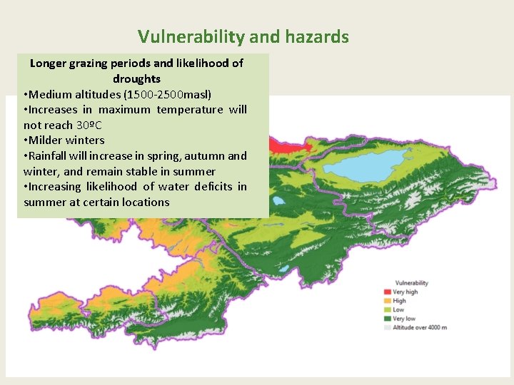 Vulnerability and hazards Longer grazing periods and likelihood of Vulnerability levels droughts • Medium