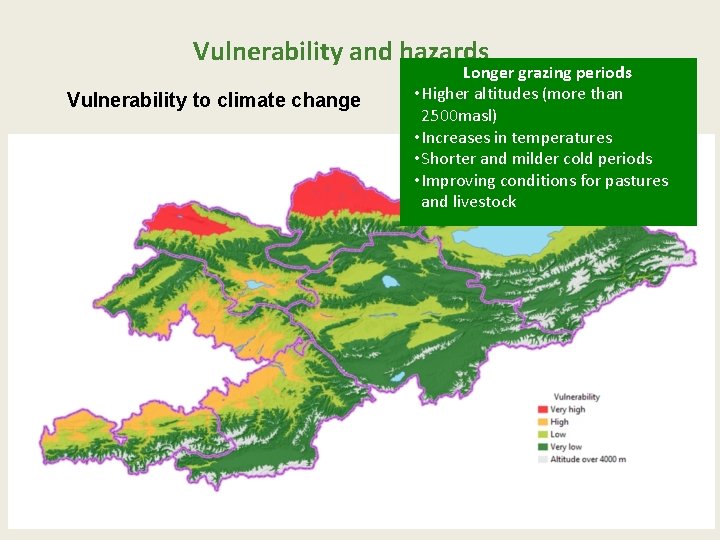 Vulnerability and hazards Vulnerability to climate change Longer grazing periods • Higher altitudes (more