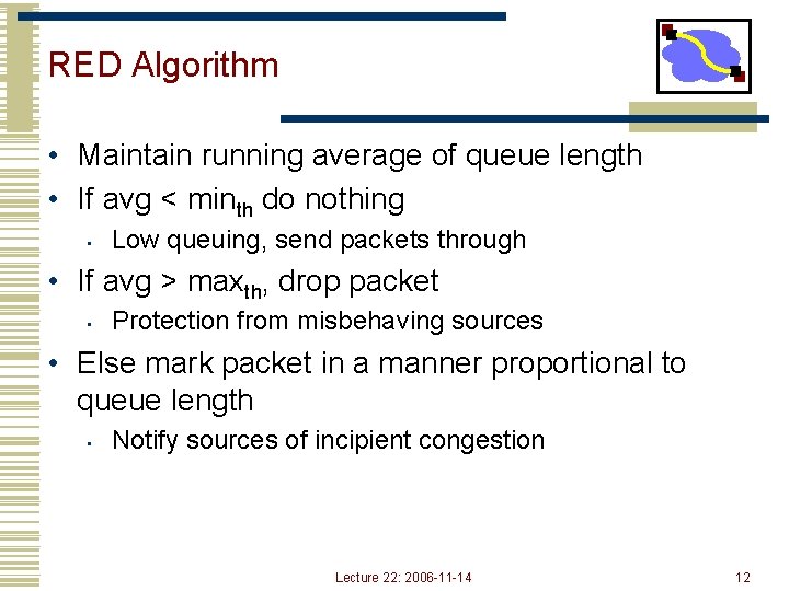 RED Algorithm • Maintain running average of queue length • If avg < minth