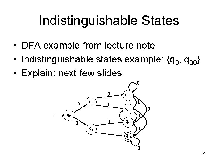 Indistinguishable States • DFA example from lecture note • Indistinguishable states example: {q 0,