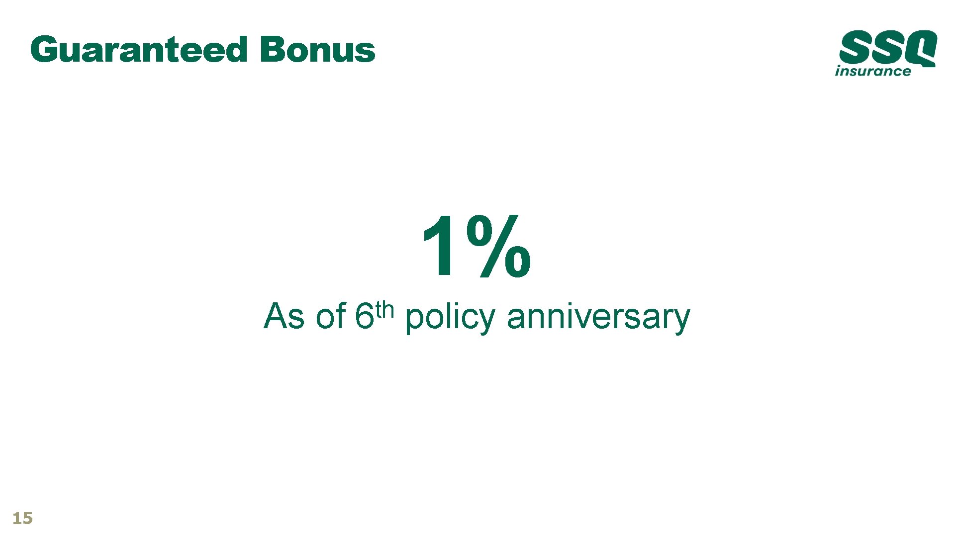 Guaranteed Bonus 1% As of 15 th 6 policy anniversary Guaranteed Bonus 1% As of 15 th 6 policy anniversary