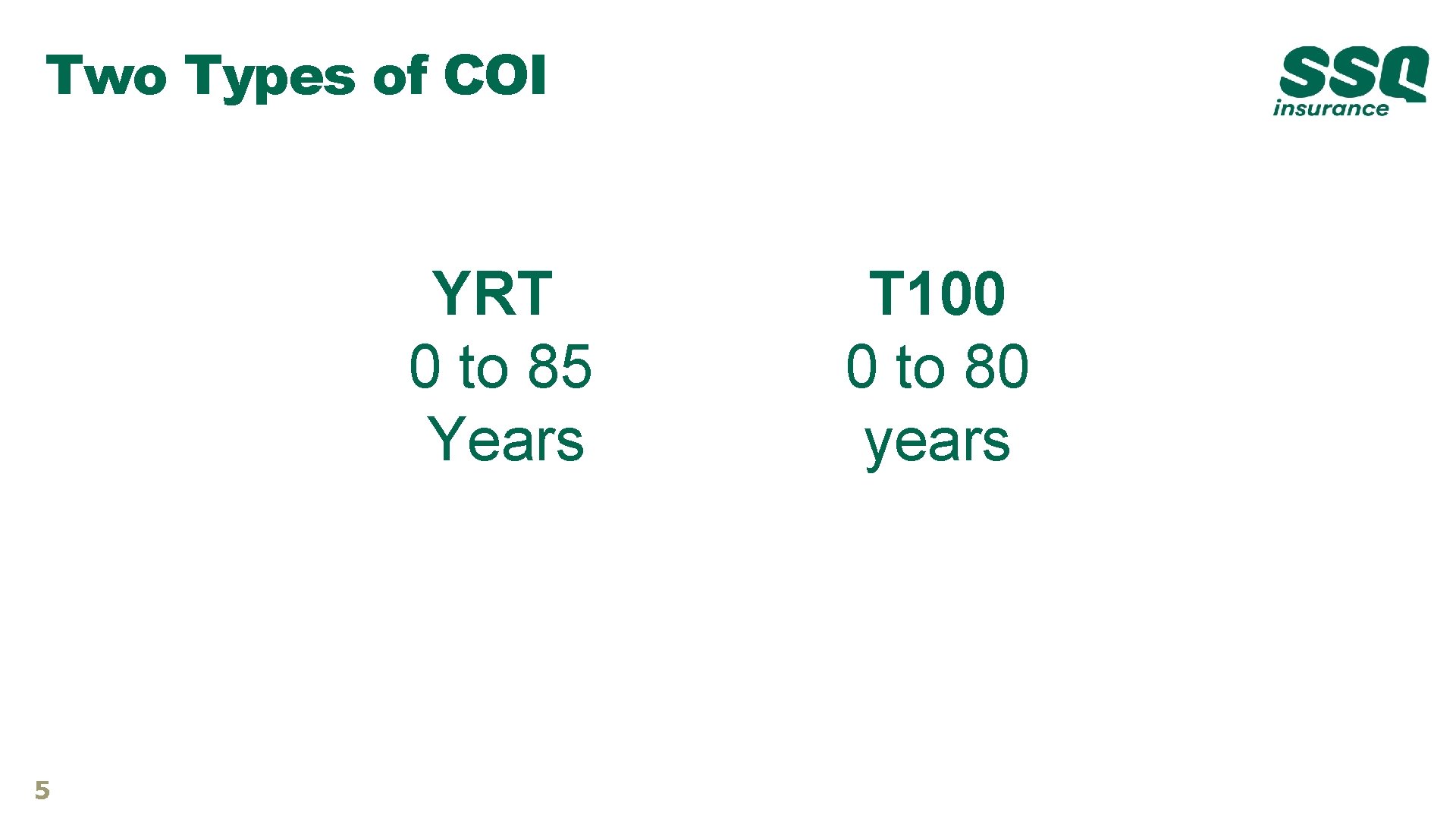 Two Types of COI YRT 0 to 85 Years 5 T 100 0 to Two Types of COI YRT 0 to 85 Years 5 T 100 0 to