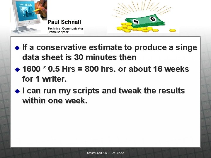 If a conservative estimate to produce a singe data sheet is 30 minutes then