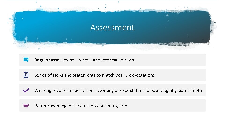 Assessment Regular assessment – formal and informal in class Series of steps and statements