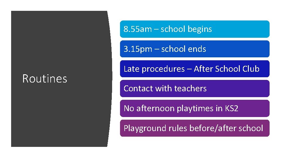 8. 55 am – school begins 3. 15 pm – school ends Routines Late