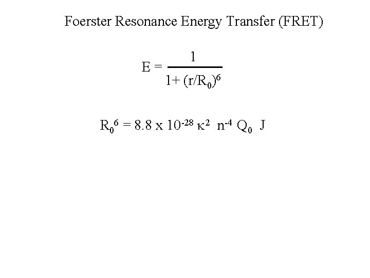 Foerster Resonance Energy Transfer (FRET) 1 E = 1+ (r/R 0)6 R 06 = Foerster Resonance Energy Transfer (FRET) 1 E = 1+ (r/R 0)6 R 06 =