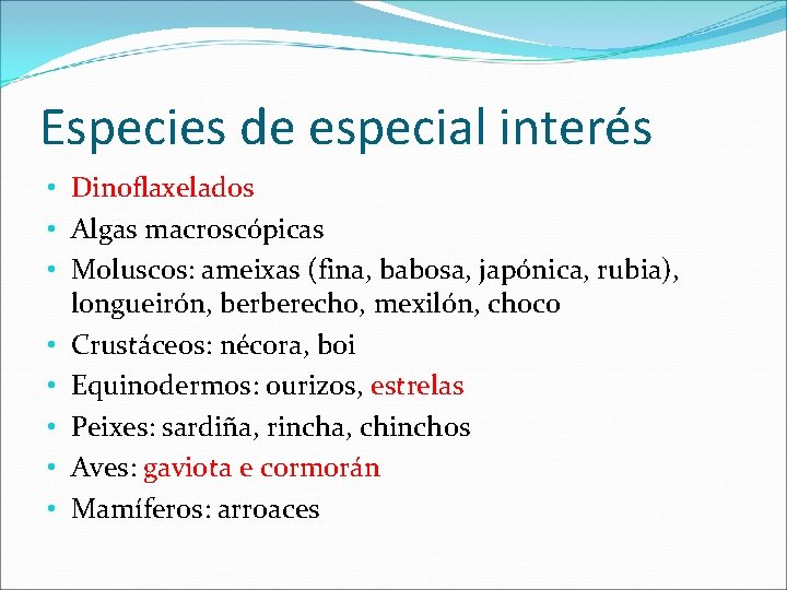 Especies de especial interés • Dinoflaxelados • Algas macroscópicas • Moluscos: ameixas (fina, babosa,