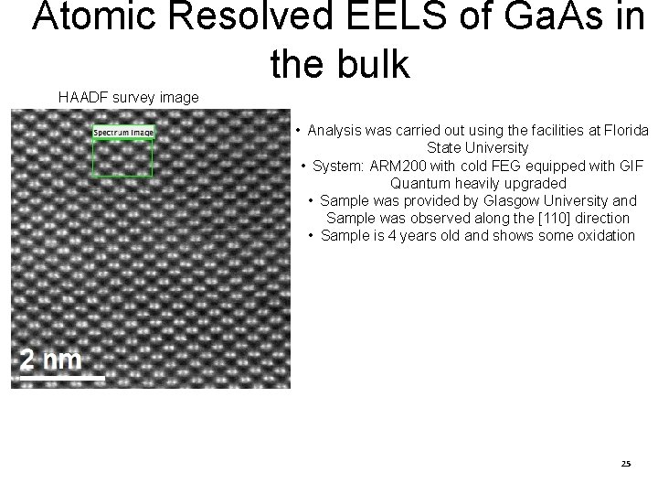Atomic Resolved EELS of Ga. As in the bulk HAADF survey image • Analysis Atomic Resolved EELS of Ga. As in the bulk HAADF survey image • Analysis