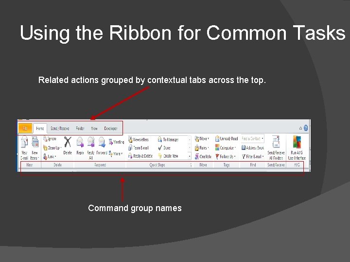 Using the Ribbon for Common Tasks Related actions grouped by contextual tabs across the