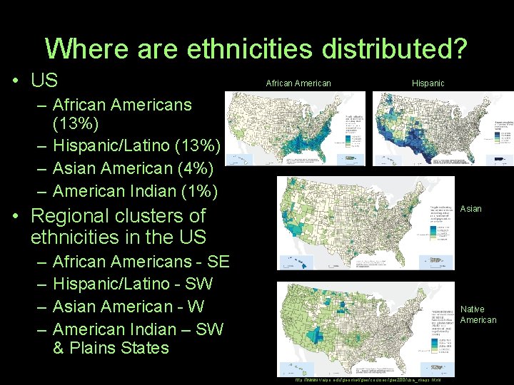 Where are ethnicities distributed? • US African American Hispanic – African Americans (13%) –