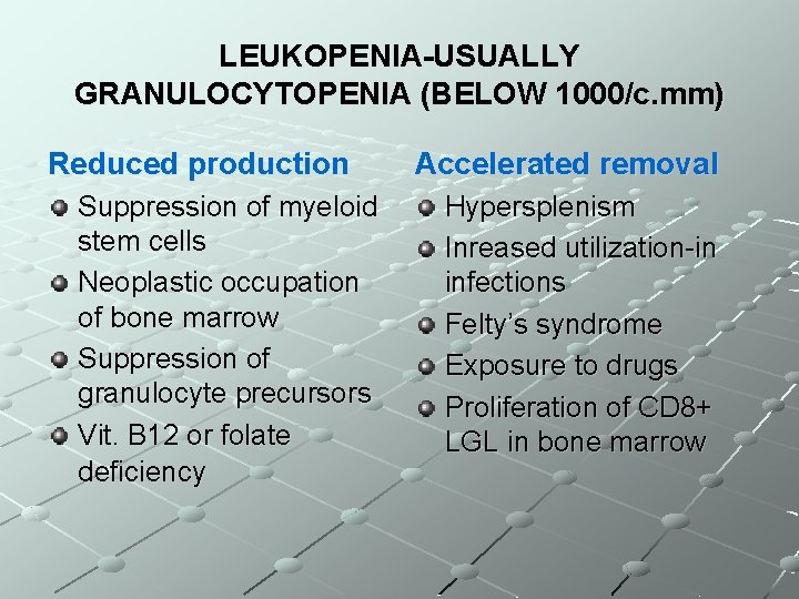 LEUKOPENIA-USUALLY GRANULOCYTOPENIA (BELOW 1000/c. mm) Reduced production Suppression of myeloid stem cells Neoplastic occupation