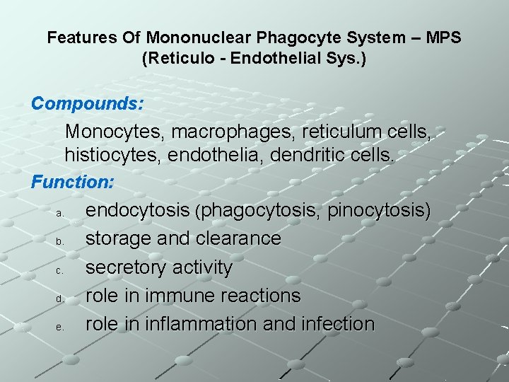 Features Of Mononuclear Phagocyte System – MPS (Reticulo - Endothelial Sys. ) Compounds: Monocytes,