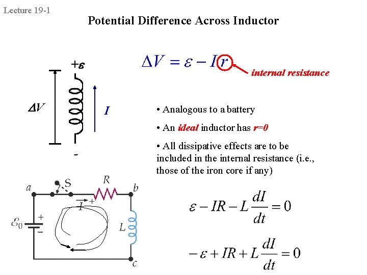 Lecture 19 -1 Potential Difference Across Inductor + V internal resistance I • Analogous