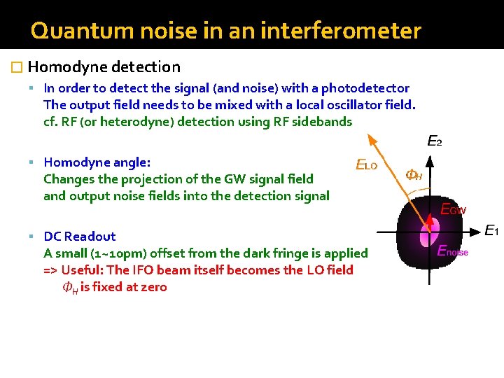 Quantum noise in an interferometer � Homodyne detection In order to detect the signal