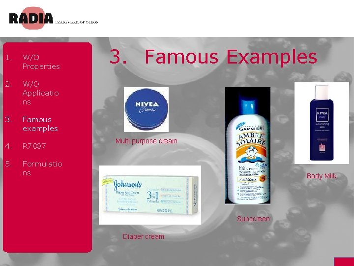 1. W/O Properties 2. W/O Applicatio ns 3. Famous examples 4. R 7887 5.