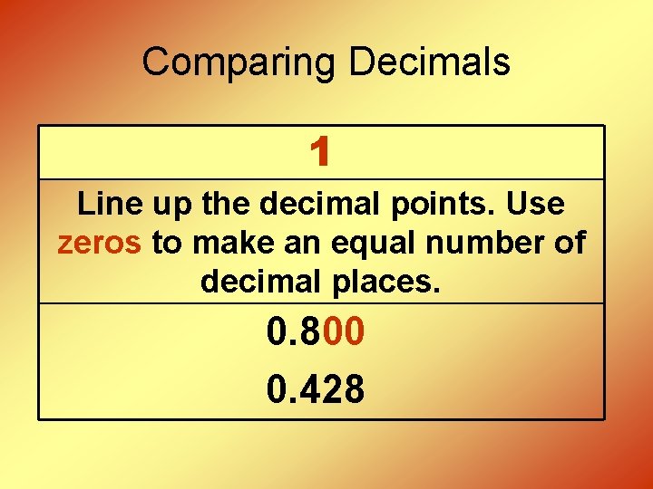 Comparing Decimals 1 Line up the decimal points. Use zeros to make an equal