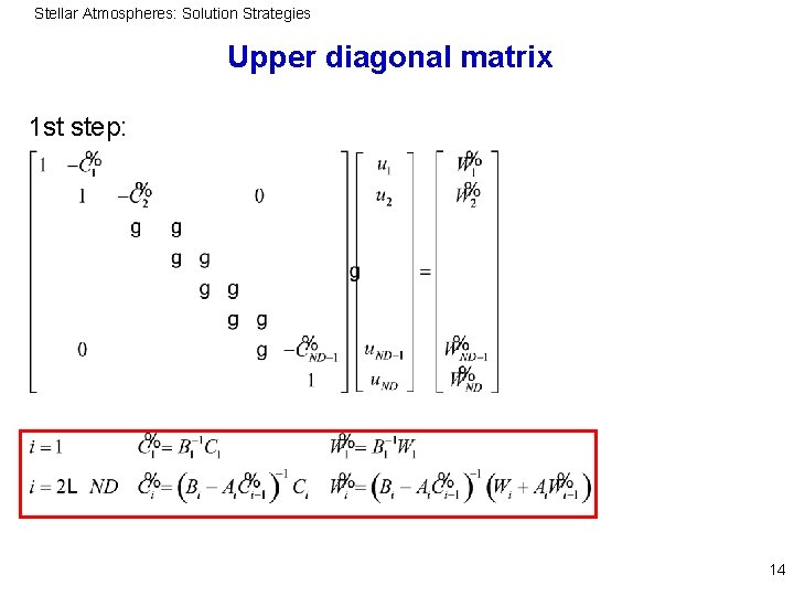 Stellar Atmospheres: Solution Strategies Upper diagonal matrix 1 st step: 14 
