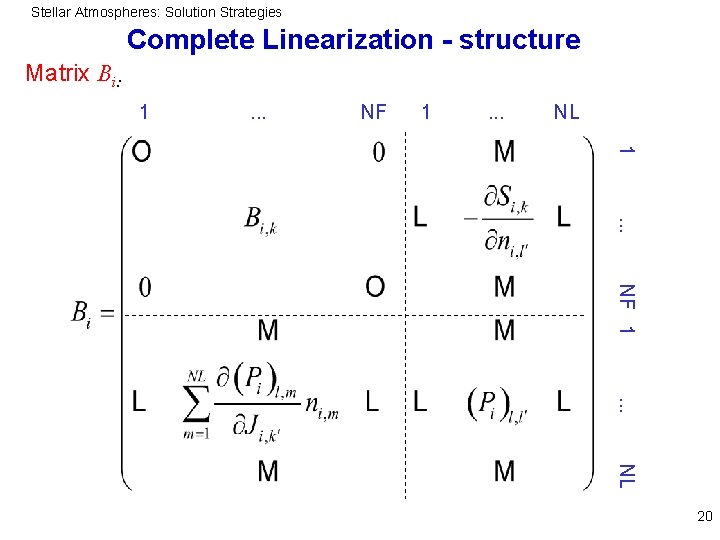 Stellar Atmospheres: Solution Strategies Complete Linearization - structure Matrix Bi: 1 . . .