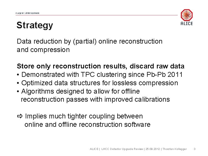 Strategy Data reduction by (partial) online reconstruction and compression Store only reconstruction results, discard