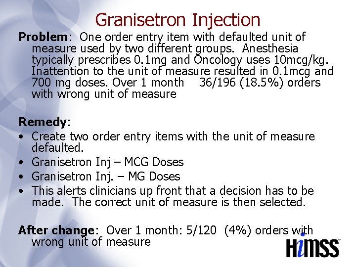 Granisetron Injection Problem: One order entry item with defaulted unit of measure used by