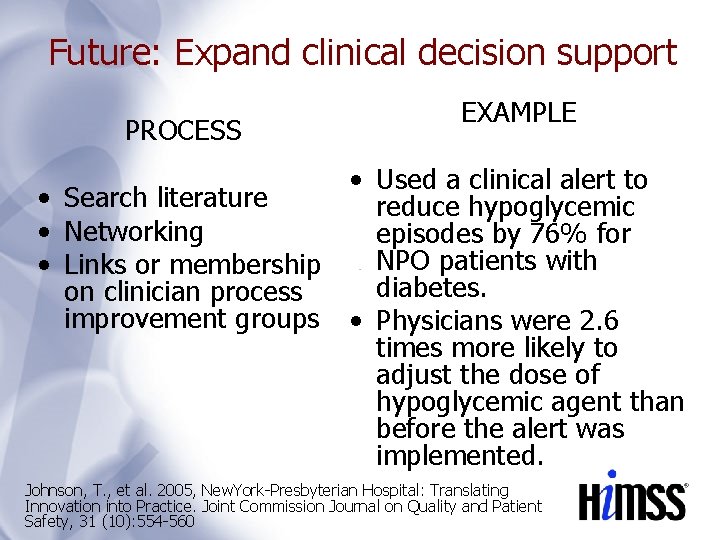 Future: Expand clinical decision support PROCESS EXAMPLE • Used a clinical alert to •