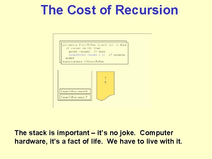 The Cost of Recursion The stack is important – it’s no joke. Computer hardware, The Cost of Recursion The stack is important – it’s no joke. Computer hardware,