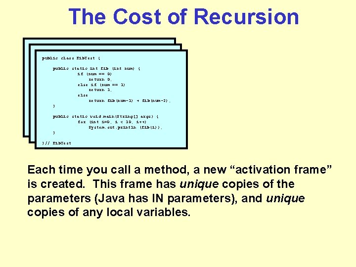 The Cost of Recursion public class Fib. Test { public int fib {(int num) The Cost of Recursion public class Fib. Test { public int fib {(int num)