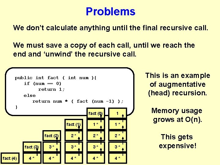 Problems We don’t calculate anything until the final recursive call. We must save a Problems We don’t calculate anything until the final recursive call. We must save a