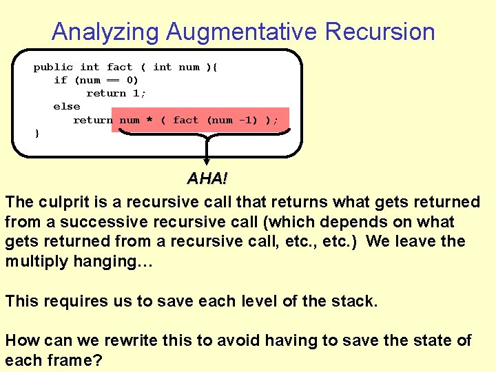 Analyzing Augmentative Recursion public int fact ( int num ){ if (num == 0) Analyzing Augmentative Recursion public int fact ( int num ){ if (num == 0)