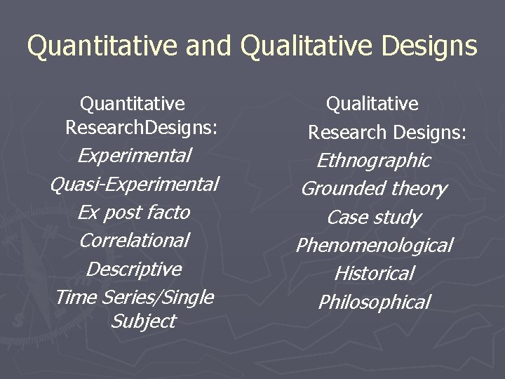 Quantitative and Qualitative Designs Quantitative Research. Designs: Experimental Quasi-Experimental Ex post facto Correlational Descriptive