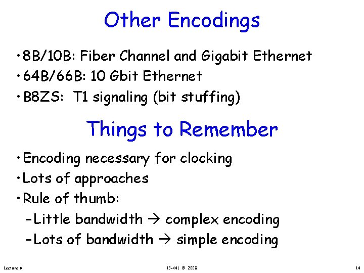 Other Encodings • 8 B/10 B: Fiber Channel and Gigabit Ethernet • 64 B/66