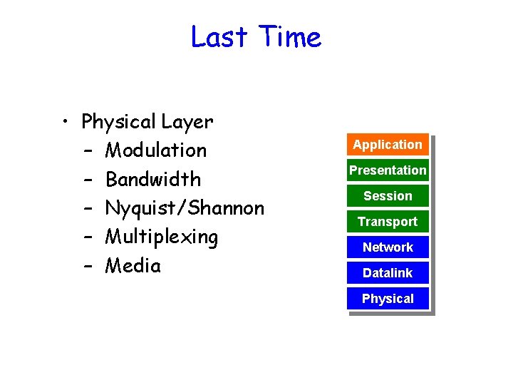 Last Time • Physical Layer – Modulation – Bandwidth – Nyquist/Shannon – Multiplexing –