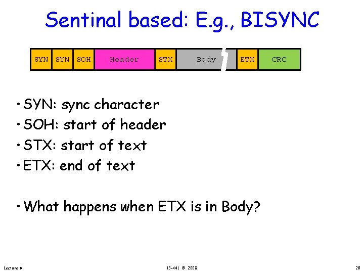 Sentinal based: E. g. , BISYNC SYN SOH Header STX Body ETX CRC •