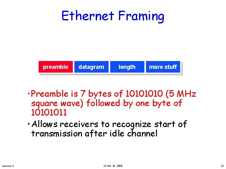 Ethernet Framing preamble datagram length more stuff • Preamble is 7 bytes of 1010
