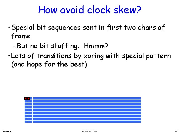 How avoid clock skew? • Special bit sequences sent in first two chars of