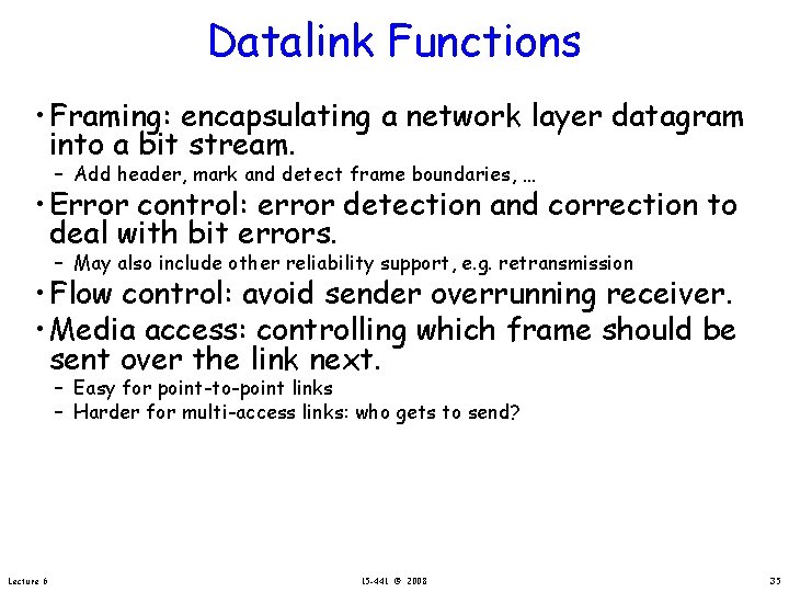 Datalink Functions • Framing: encapsulating a network layer datagram into a bit stream. –